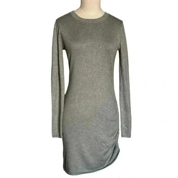 Abercrombie Sparkly Asymmetrical Ruched Mini Sweater Dress Grey Sparkle S/P - Picture 4 of 14